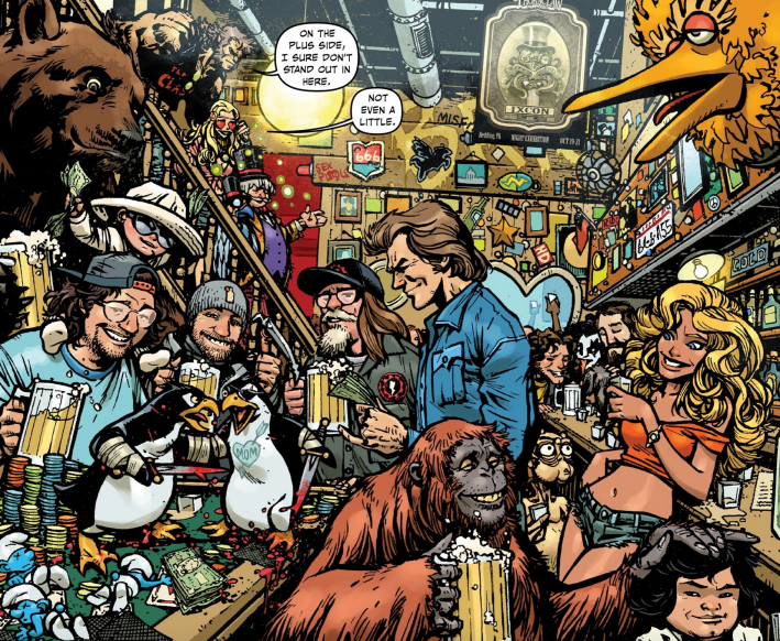The interior of a bar. Inside are trophies and characters from numerous '70s and '80s movies and shows, including Sesame Street, Mac and Me, KISS, Smurfs, Any Which Way But Loose, and Fantasy Island.